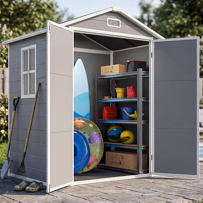 6x4 FT Resin Storage Shed with Heavy-Duty Floor, Tool Shed with Window & Vent, Lockable Door, Suitable for Patio Bike Lawn Mower Pool Supplies