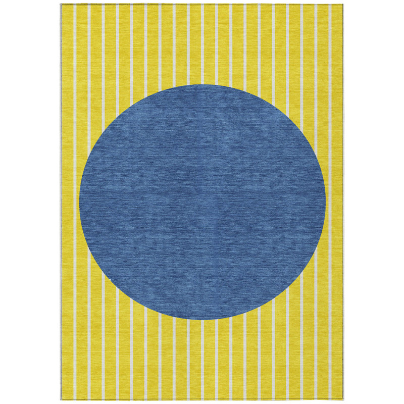 3' X 5' Yellow Striped Washable Indoor Outdoor Area Rug