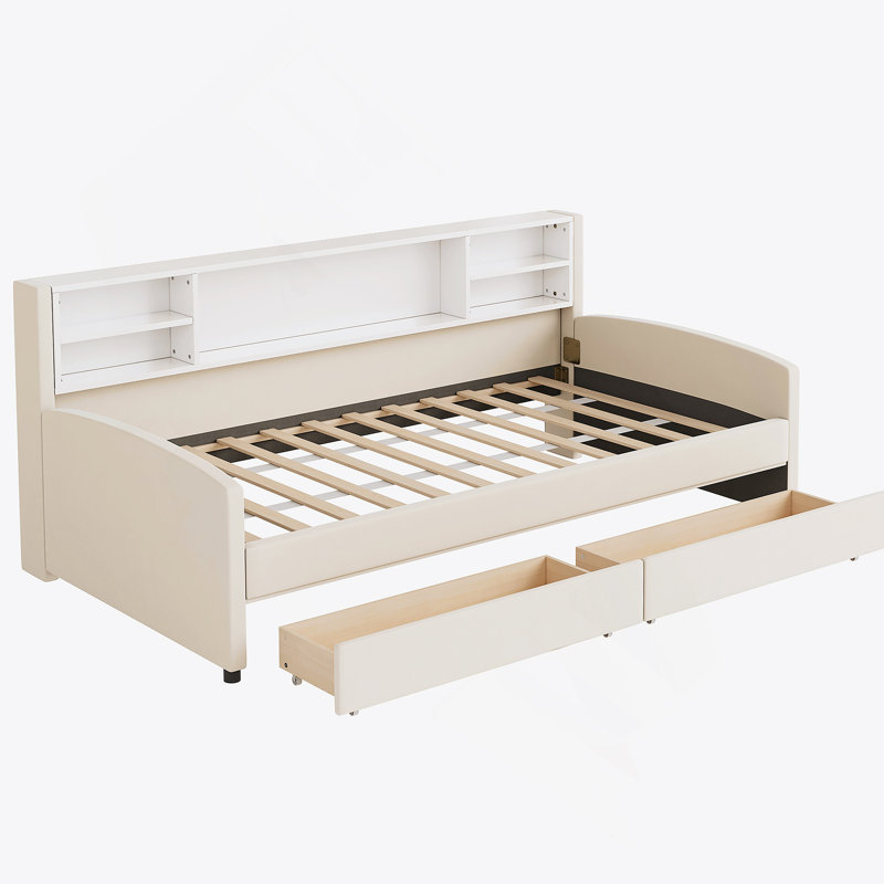 Upholstered Platform Bed With Drawers, Beige
