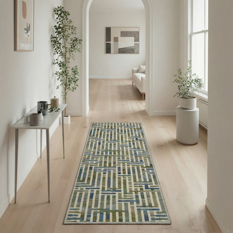 Abdellah Geometric Maze Machine Washable Beige/Green/Blue Indoor Area Rug With Non-Slip Backing, Runner 2' x 7'