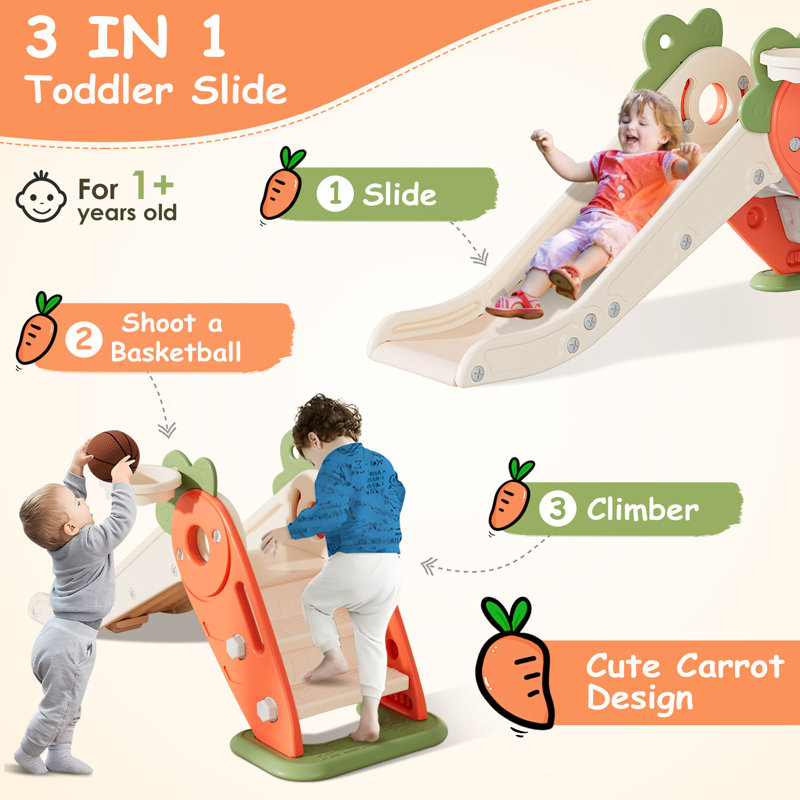 Carrot Theme Foldable Toddler Slide with Basketball Hoop