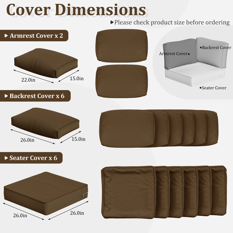 14 Pcs Outdoor Cushion Slipcovers All-Weather Patio Cushion Covers For Outdoor Furniture, Covers Only, Brown