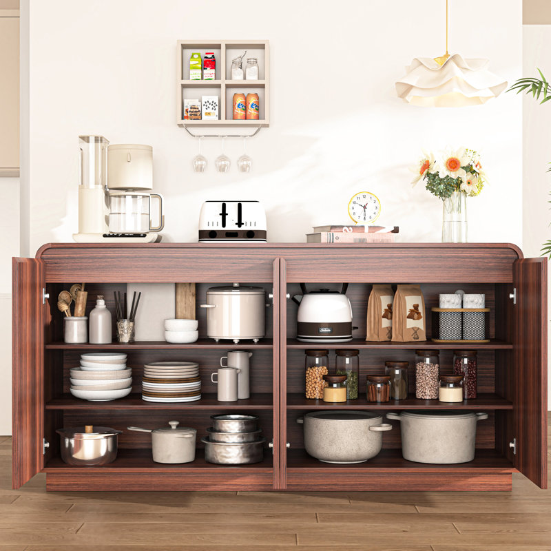 Noyer, meuble télé cannelé 4 portes, prise de courant, 3 rangements réglables, jeux de société, articles de décoration, vaisselle, décor