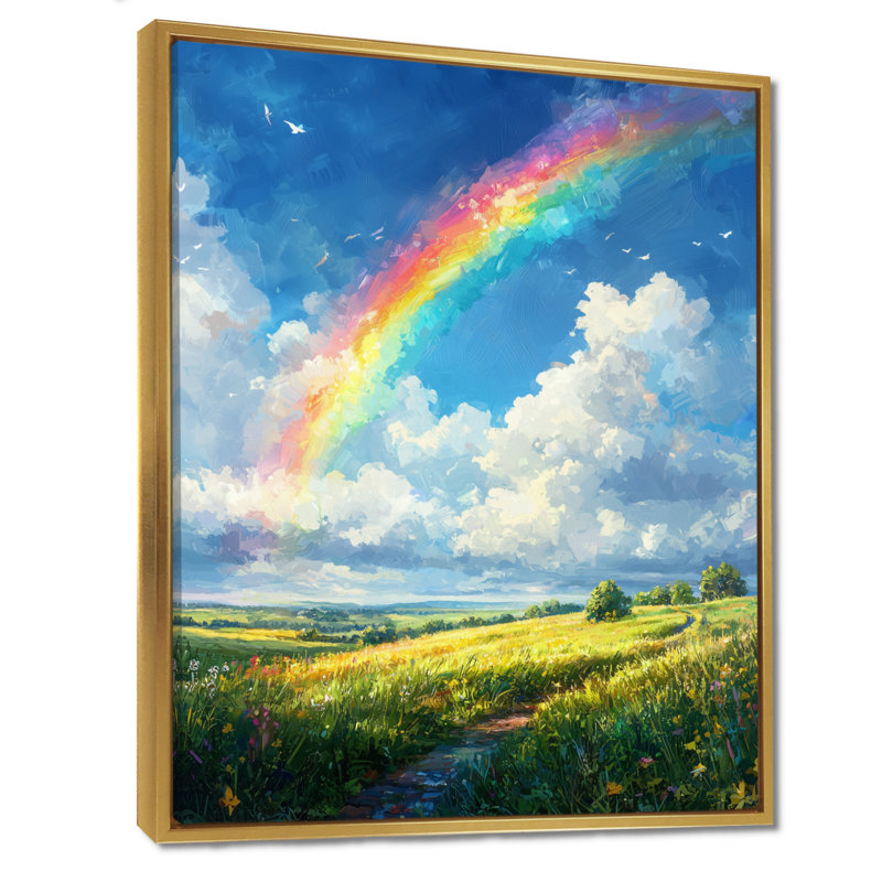 Giancarlos arc-en-ciel dans le ciel d'été - art mural arc-en-ciel, H 20 po x l 12 po, Reproduction avec cadre flottant, Doré