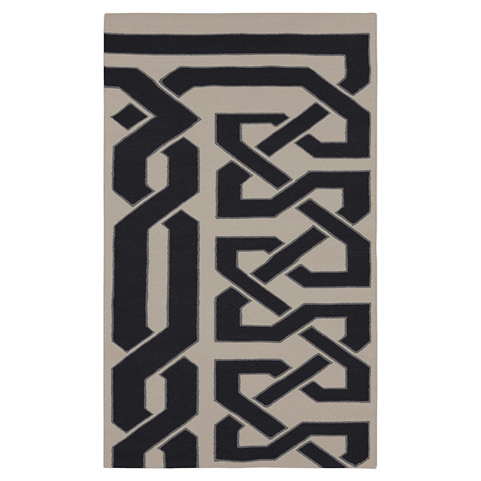 Tapis blanc / noir en laine tissé à plat à la main à motif abstrait Alameda, Rectangle 2 pi x 3 pi