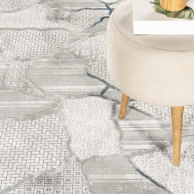 2 pi 7 po Tapis de couloir abstrait et gris X 9 10, fabriqué à la machine, style Art et contemporain, matériau, teinture, motifs modernes et décontractés d'une hauteur de 0,43 po, 100%, envers en jute et animal de compagnie