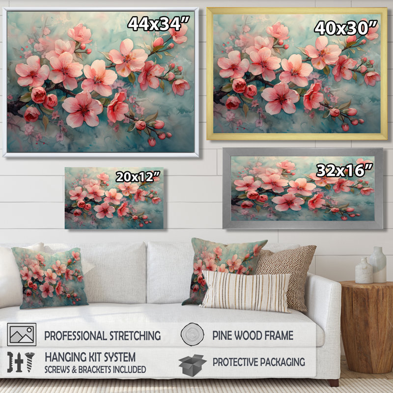 Fleur de cerisier rose rétro - impression d'art mural cerisier en fleurs, H 16 po x l 32 po x P 1 po