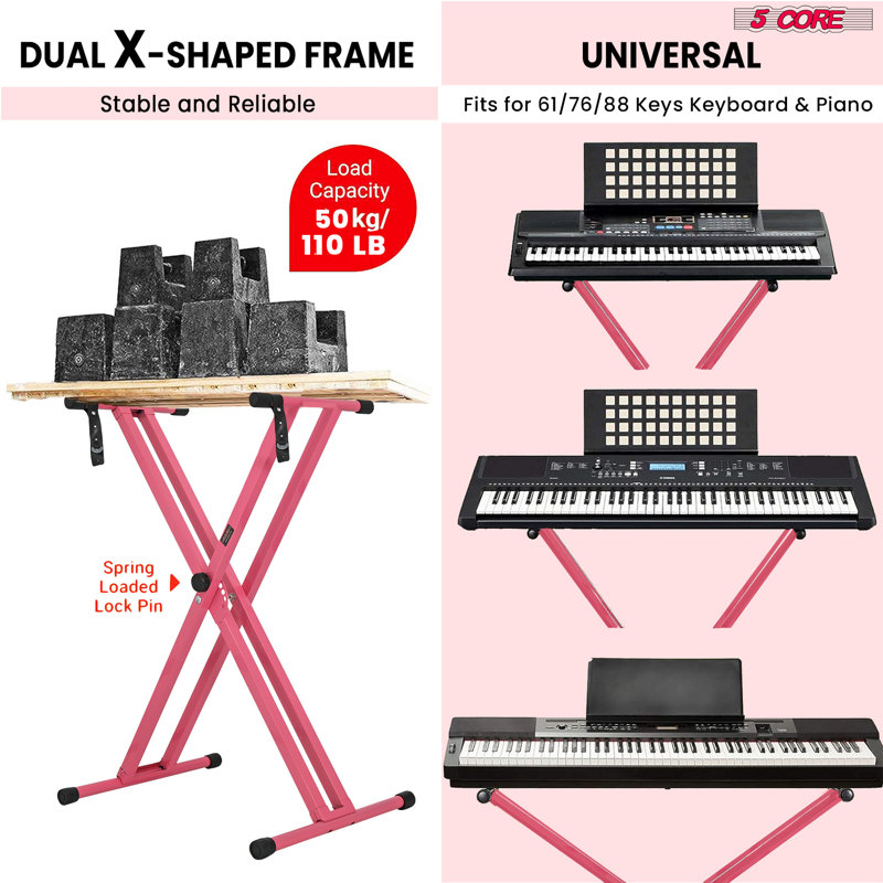 Support pour clavier 5 cordes avec support pour piano double X, Blanc / rose