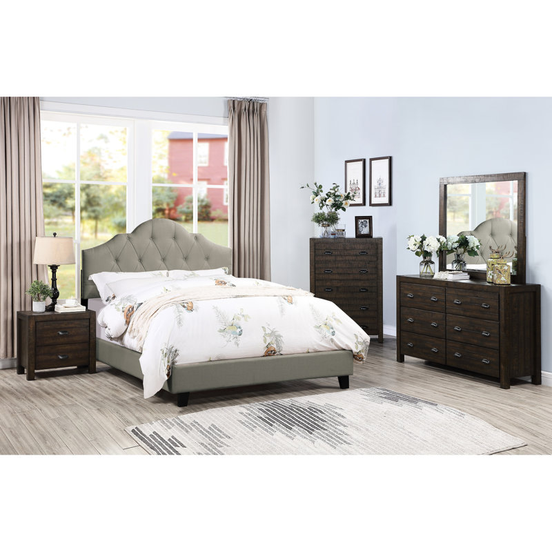 Lit très grand contemporain gris, tête de lit tapissier en polyfibre, cadre de lit plateforme en bois, chambre de style oriental gris, style moderne