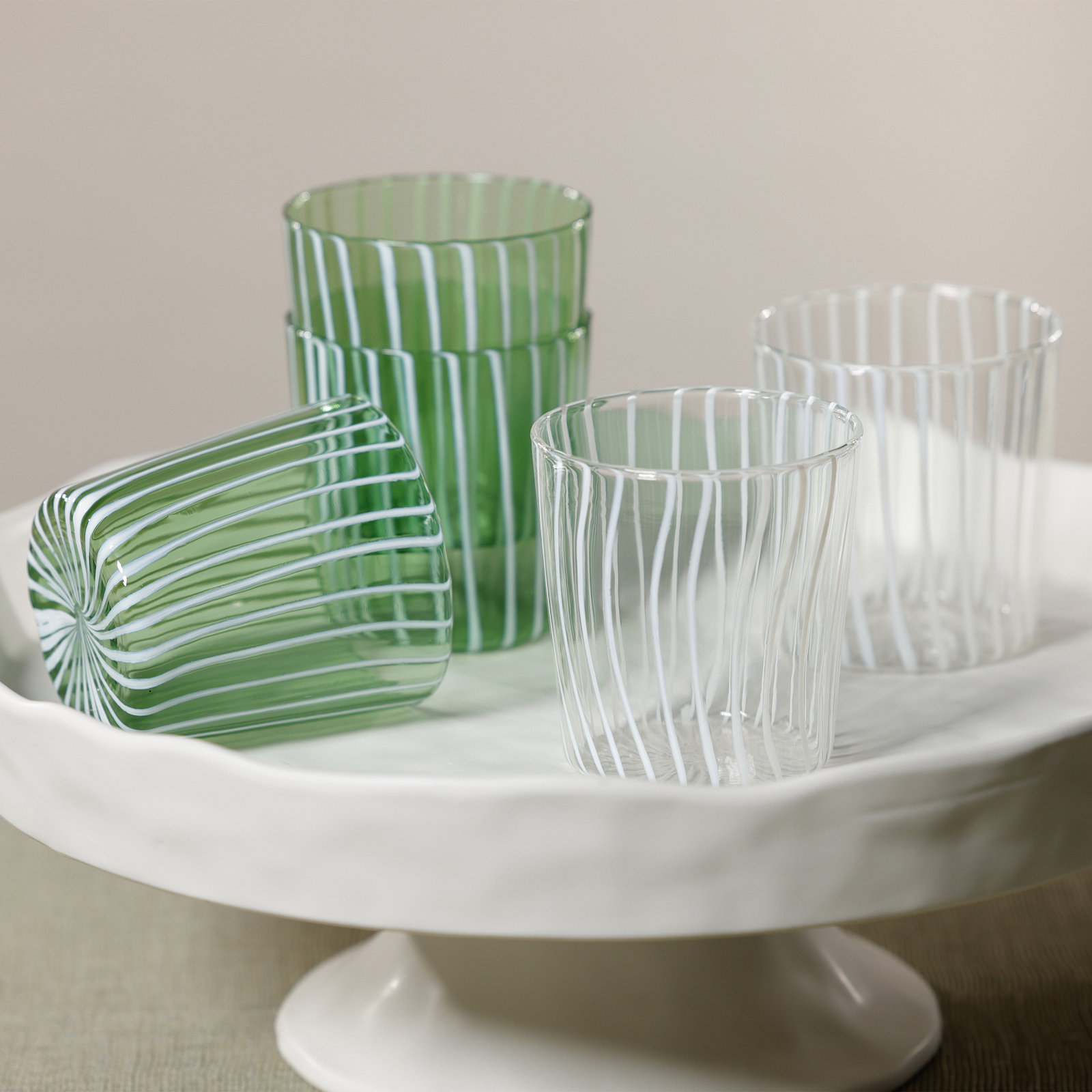 Marina White Stripe Glass Tumblers, Set of 6, White