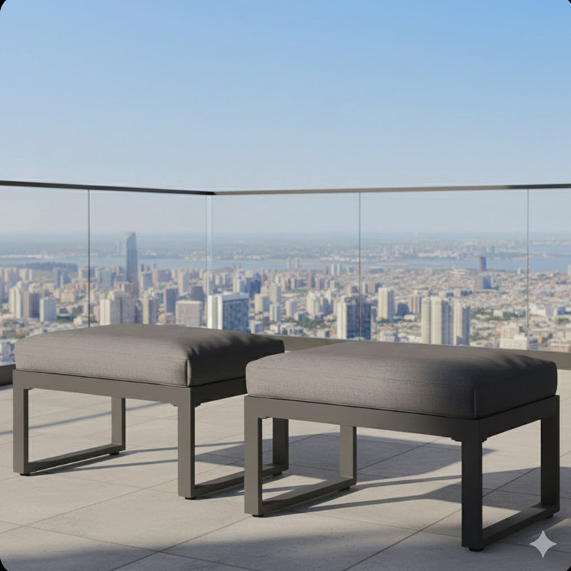 Set Of 2 26" All-Weather Aluminum Patio Ottomans Footrests With Thick Gray Cushions, Gray