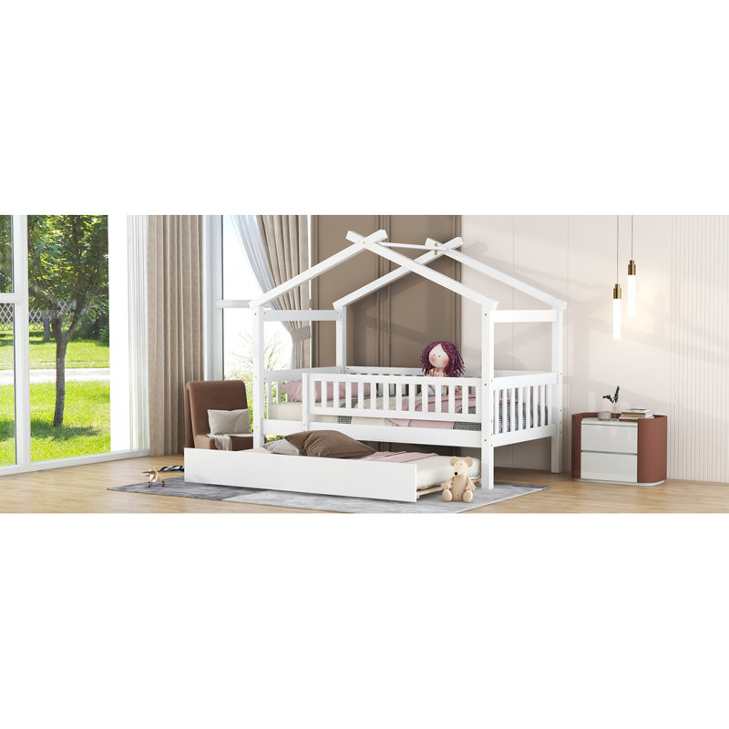 Lit simple en bois avec lit gigogne simple, blanc, Blanc