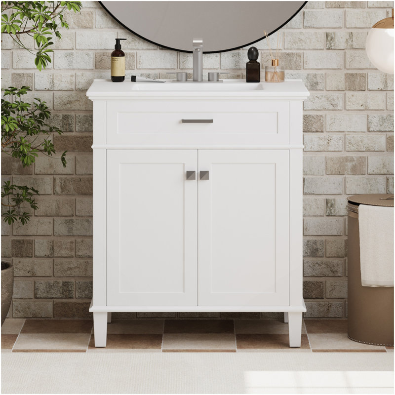 Meuble-lavabo de 30 pouces avec lavabo en céramique, porte à fermeture en douceur et tablettes réglables, Blanc
