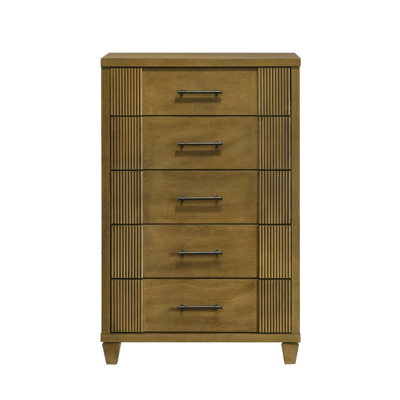 Shalyce Mid-Century Modern 28.7" W Solid Wood 5 Drawer Chest, Antique Oak