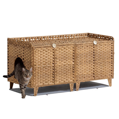 Meuble double pour litière, en rotin tressé à la main, avec tapis de litière lavable et 2 crochets, niche discrète pour chat dans le salon ou la chambre.