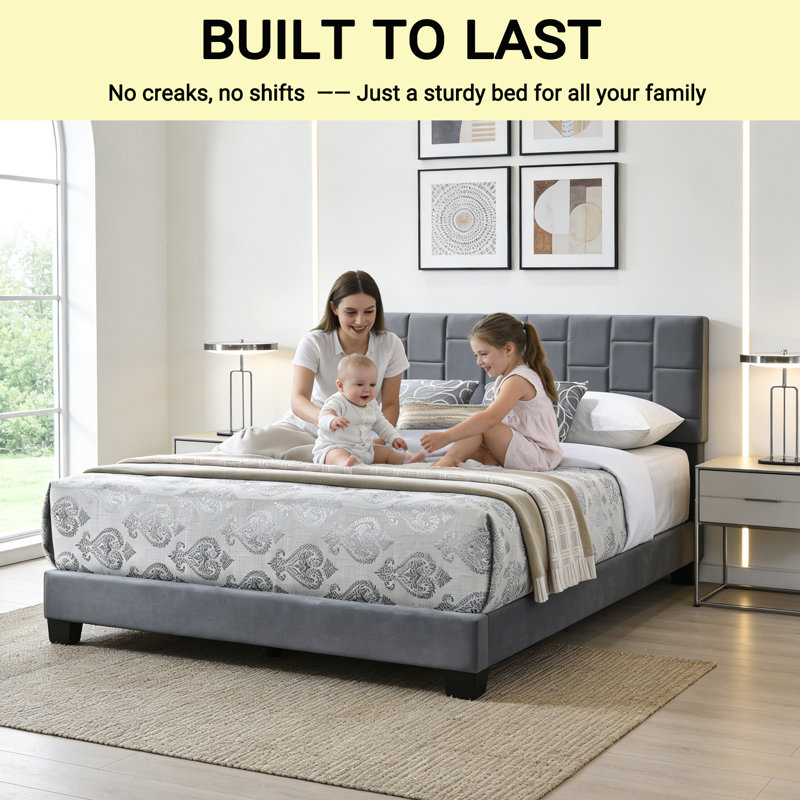 Velvet Platform Bed Frame With Upholstered Headboard, Queen, Gray