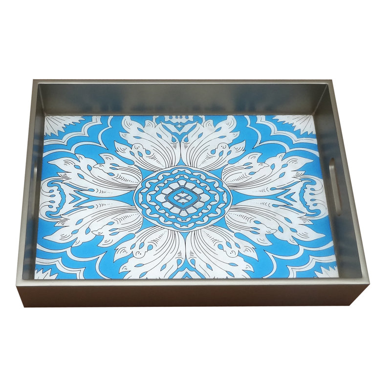 Handmade Reverse Painted Mirror Tray with Handles in Sky Blue - Medium
