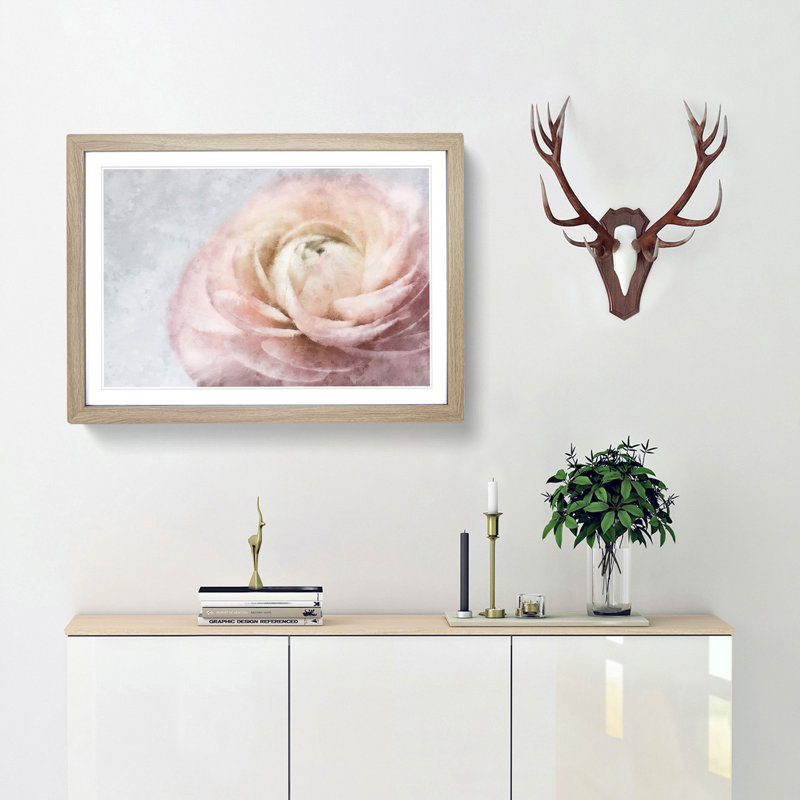 Pink Ranunculus Flower - Picture Frame Graphic Art Print, 33cm H x 45cm W x 2cm D, Oak