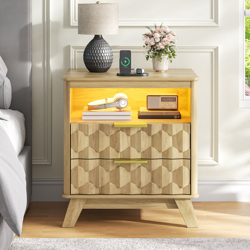 Bedside Table with Built-In Outlets and Motion Sensor Led Light, Oak
