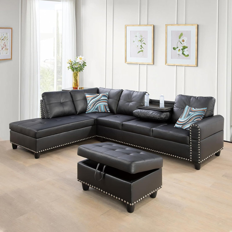Canapé modulaire avec repose-pieds Plyler, Similicuir noir, Orienté à gauche (vu de face)