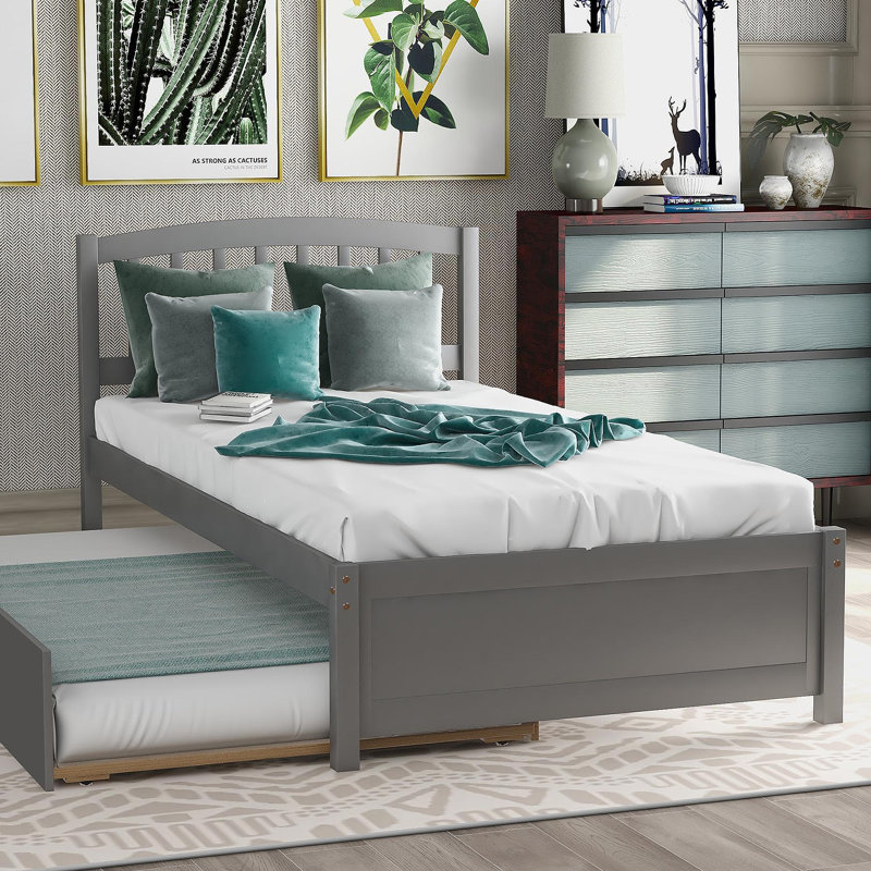 Base de lit simple avec lit gigogne en bois, gris