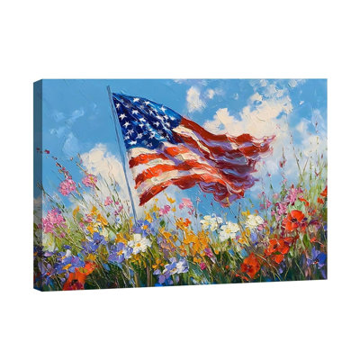 Impressionist American Flag Wildflower Canvas Wall Art 30×20 Inch Independence Day