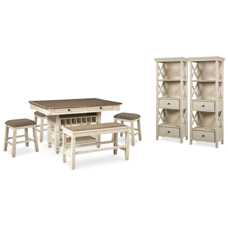 Table de salle à manger à hauteur de comptoir Bolanburg, 4 tabourets, banc et 2 vitrines