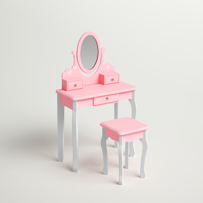 Ensemble coiffeuse pour enfant en bois massif avec miroir Camron, Rose / blanc