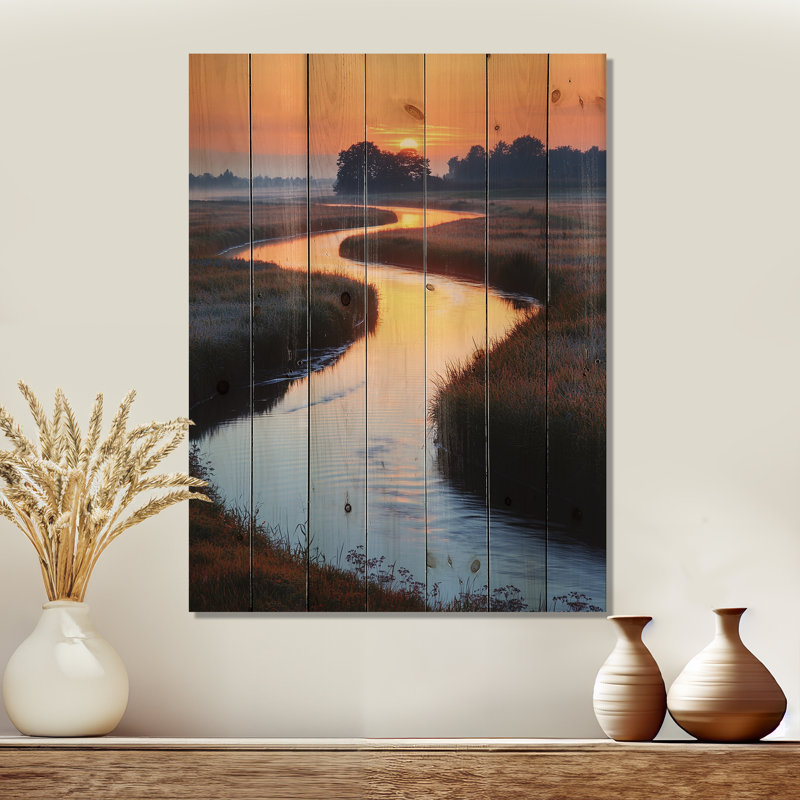 River Bend At Sunrise I - Art mural en bois de lac - sur bois de pin naturel, H 44 po x l 34 po x P 0,78 po
