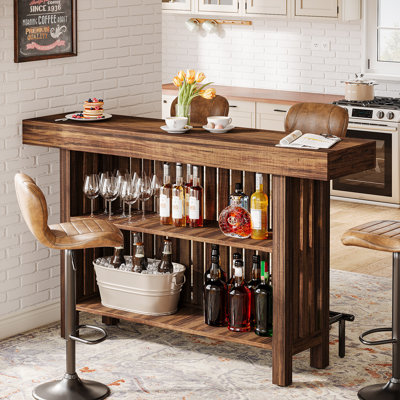 Modern 2-Tier Bar Table Footrest Home Bar Unit Corner Mini Coffee Bar Cabinet Kitchen Pub