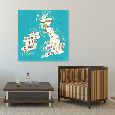Whimsical British Isles Map Colorful Traditional Whimsical City Wall Art Print by Carla Daly - Wrapped Canvas Print