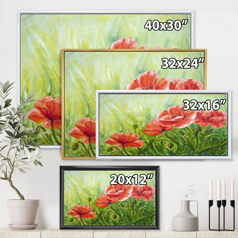 «Red Blossoming Poppies III», peinture sur toile, Toile encadrée dorée, H 30 po x l 40 po x p 1 po