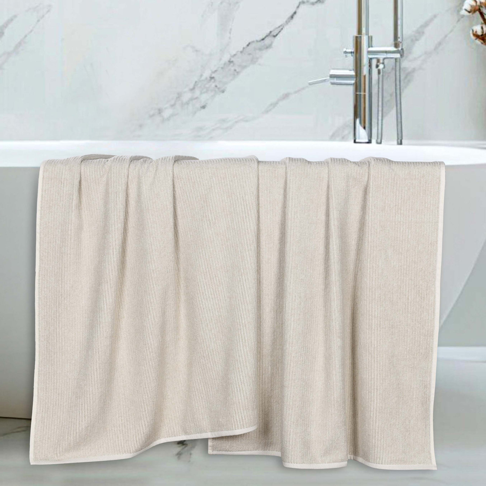 Destin Viscose Cotton Blend Medium Weight Textured Ribbed Bath Sheets, Beige