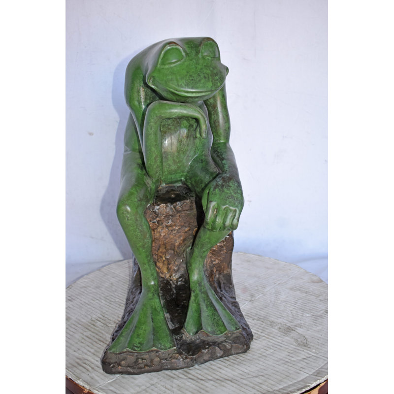 Green Frog Thinking Bronze Statue - Size: 10"L x 16"W x 20"H.