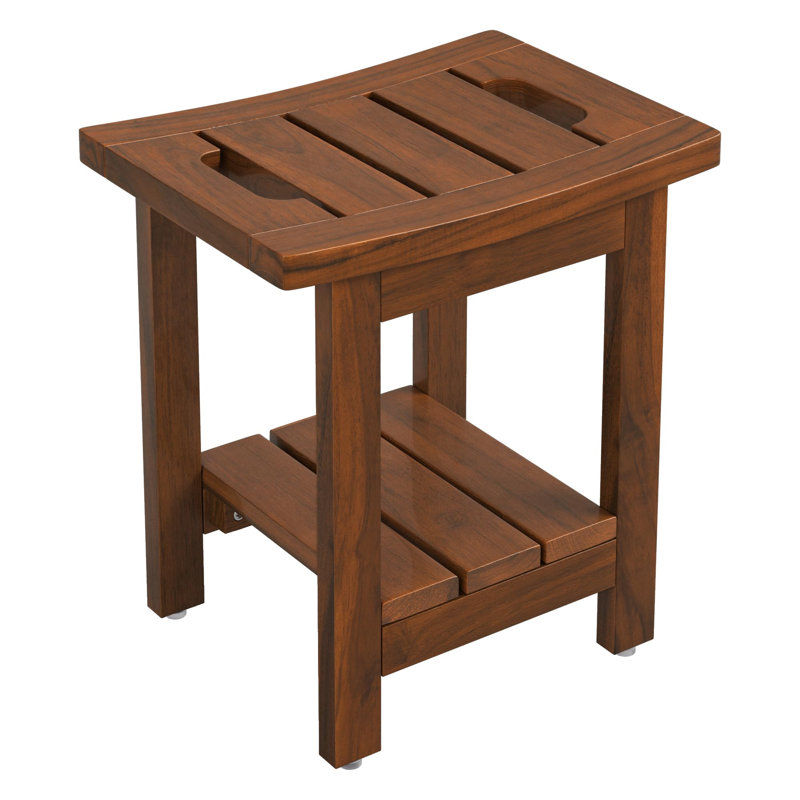 Tabouret de douche 14 po en teck, banc de douche imperméable en teck avec tablette et poignée pour salle de bain, capacité de 300 lb, couleur teck brun