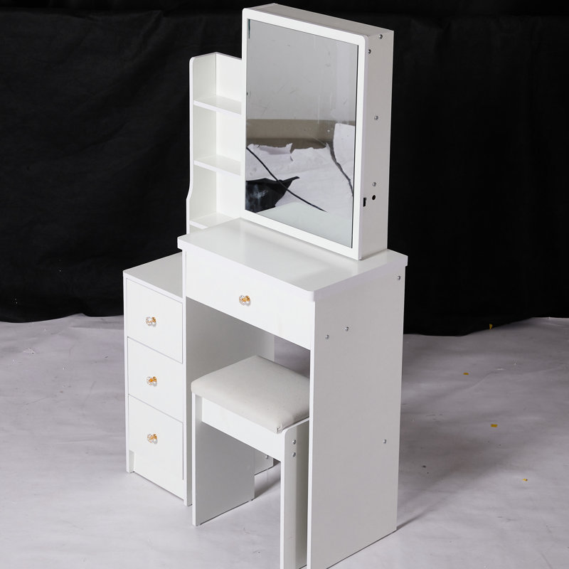 Compact Left Bedside Dresser Vanity, Includes Cushioned Stool & Extra Large Sliding Mirror, Multi-layer Storage, Elegant White For Areas Small Space- Cabinet Vanity Table, With Padded Big Fashionable
