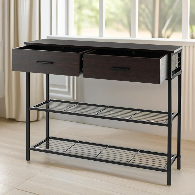 3 Tier Rustic Industrial 100Cm Console Table with Storage Drawers and Shelf, Entryway Furniture