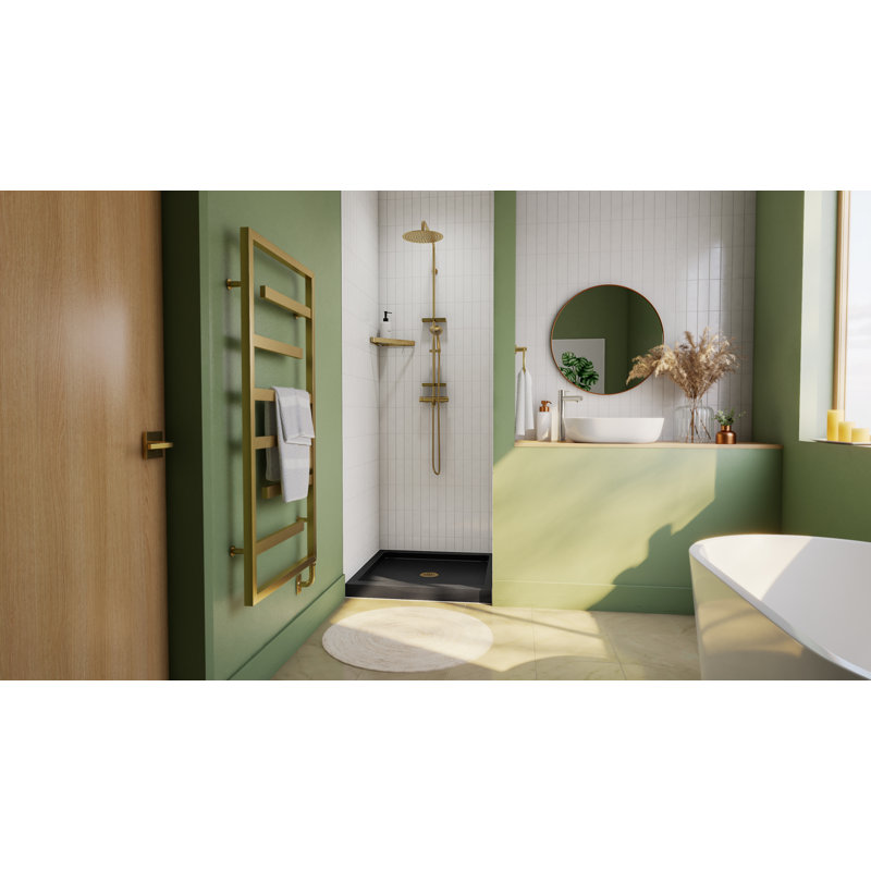 DreamLine SlimLine 36 inch D x 36 inch W x 2 3/4 inch H Single Threshold Black Alcove Shower Base with 2 inch Brushed Brass Center Round Drain