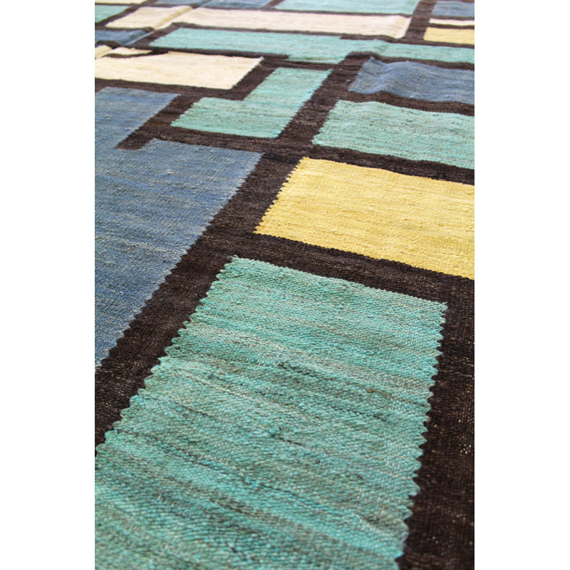 Tapis vert en laine noué à la main de conception unique 8 pi 9 po x 12 pi New Age