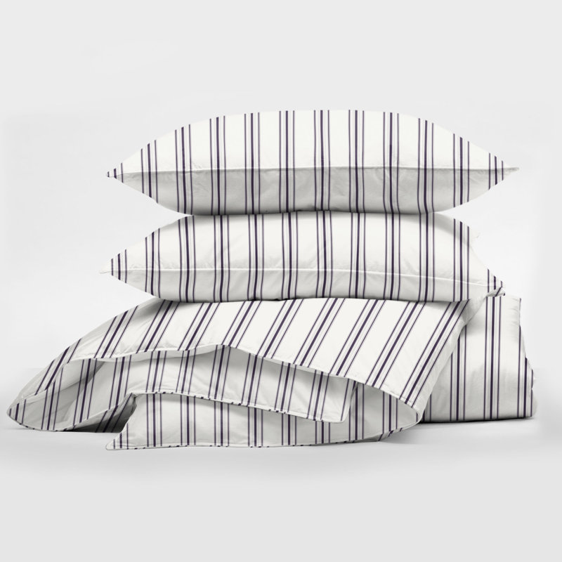 August Stripe Reversible Cotton Duvet Cover Set, Eggplant, Full Duvet Cover + 2 Standard Shams