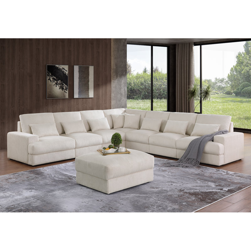 135.7" U Shape Sectional Sofa Cloud Couch With Removable Ottomans, Beige Corduroy