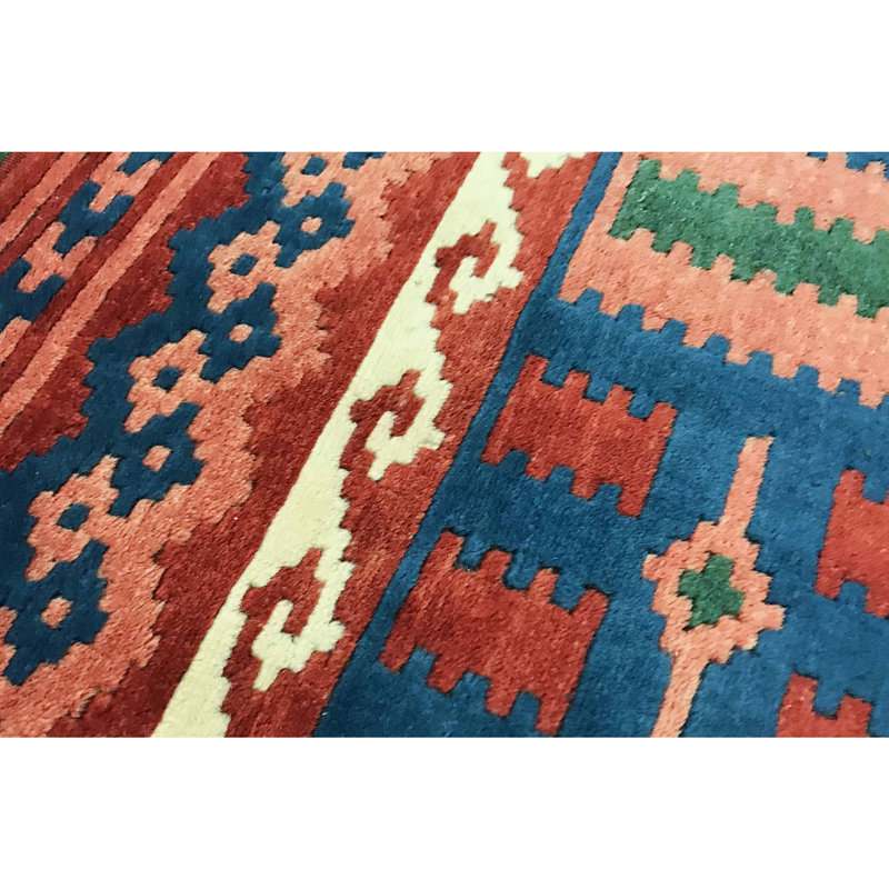 Tapis bleu, rose et rouge noué à la main de haute qualité