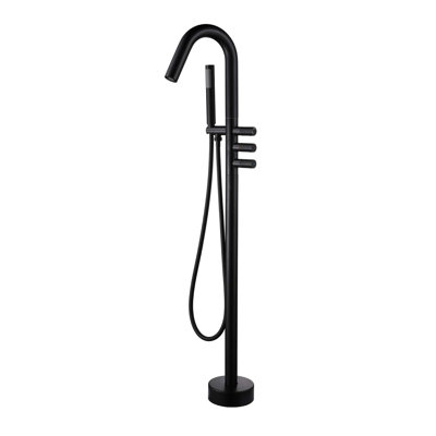 Robinet de baignoire autoportant à trois poignées et fixation au sol avec douche à main