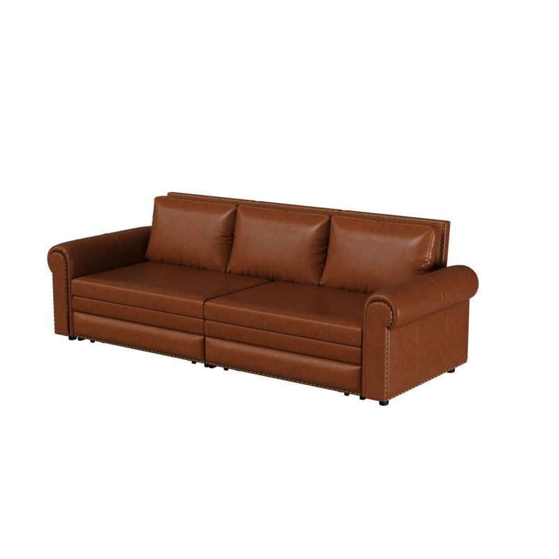 Chesterfield King Sofa Bed, 3-in-1 Faux Leather & Nailhead Trim, Orange