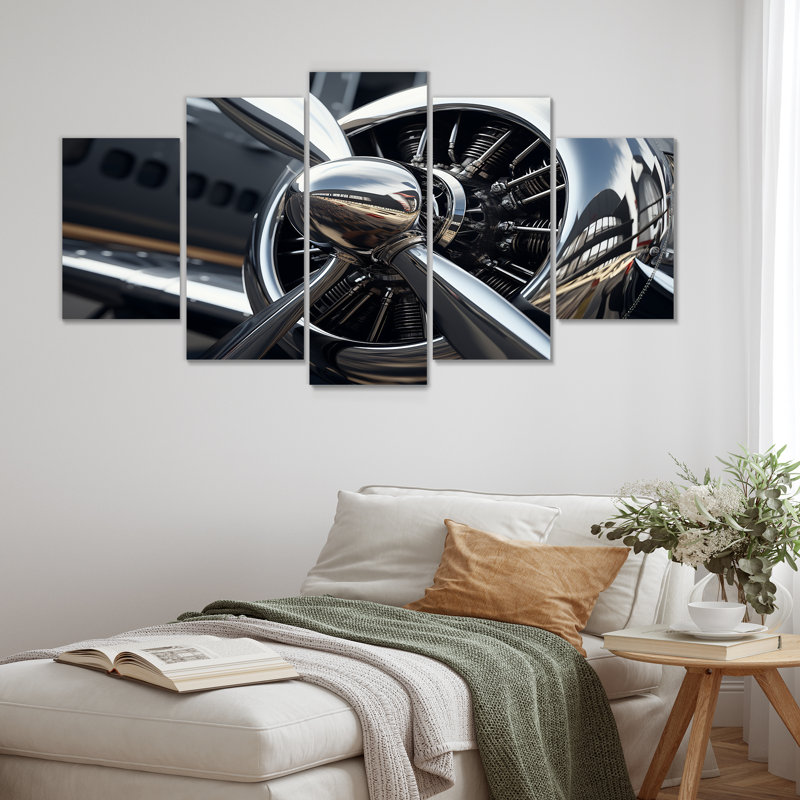"Silver Wings Chrome Reflection Airliner" - train, décoration murale 5 pièces, H 32 po x l 60 po