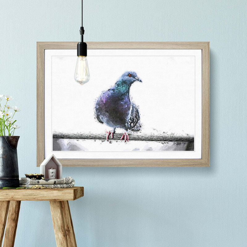 Pigeon Bird on a Wire - Picture Frame Painting Print on MDF, 36cm H x 48cm W x 2cm D, Oak Framed