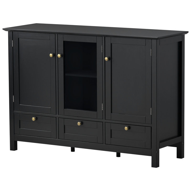 Console moderne pour salle à manger avec 2 portes, 3 tiroirs et tablettes réglables, Noir