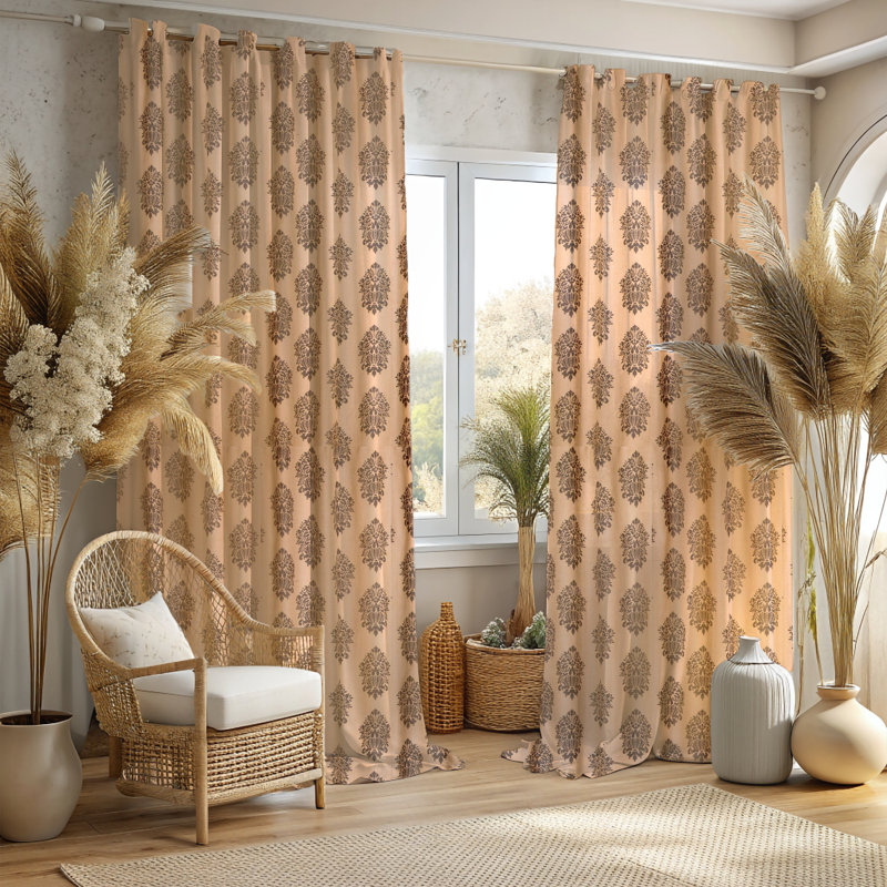 Burlap Print Cotton Light Filtering Grommet Curtain with Cotton Lining for Bedroom, 51" W x 96" L, Natural/Black