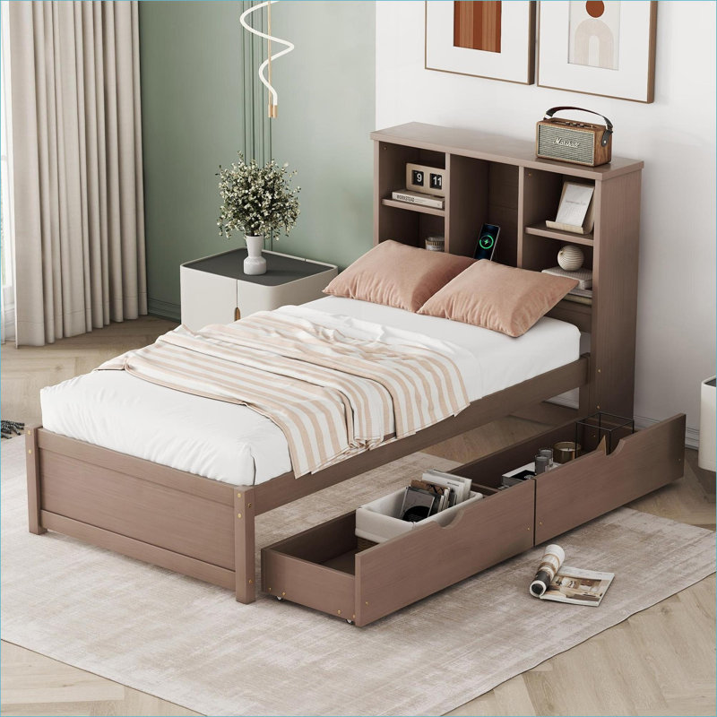 Lit plateforme simple en bois massif avec rangement, aucun sommier nécessaire, USB intégré, noyer pour chambre d'amis