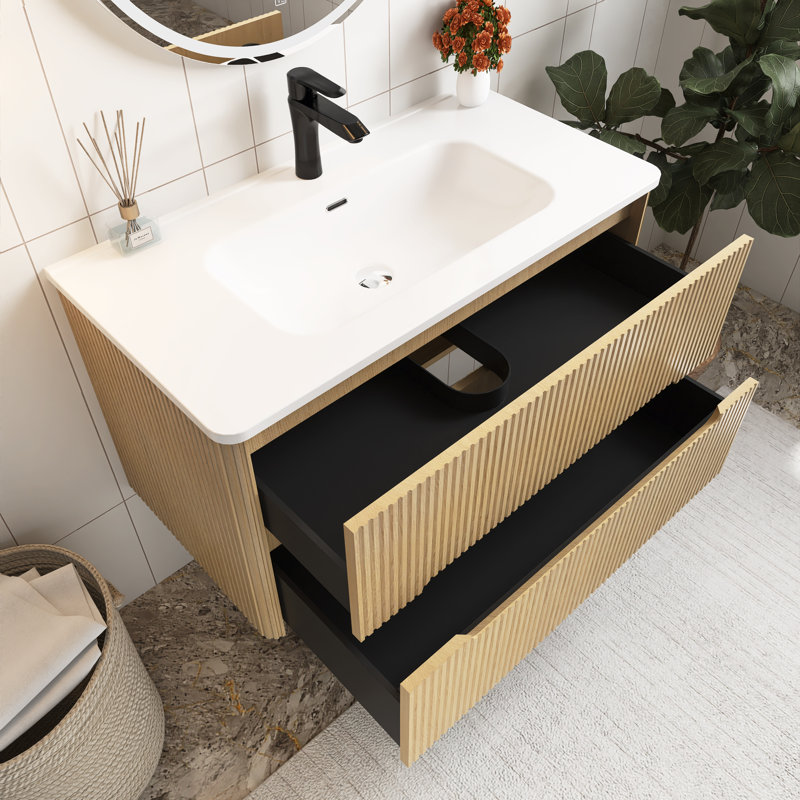 Meuble-lavabo mural simple 36 po avec comptoir en céramique 36 po, Chêne clair